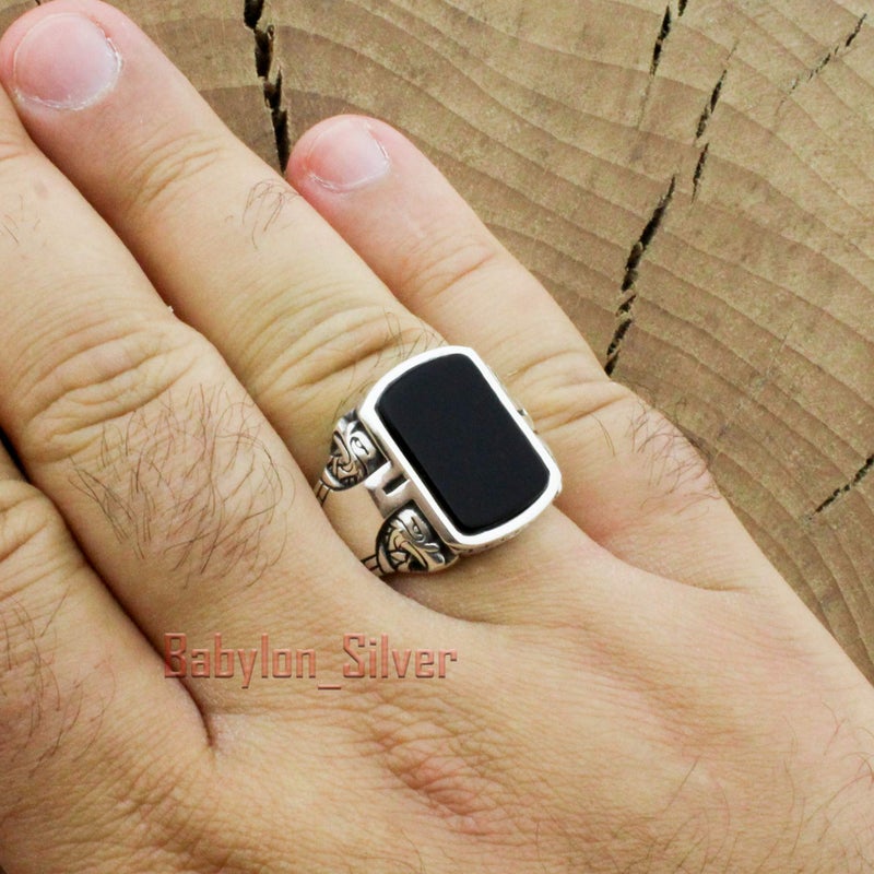 Babylon Silver Solid 925 Sterling Silver Onyx Stone Turkish Handmade Eagle Design Luxury Heavy Men's Ring (8) - Image 4